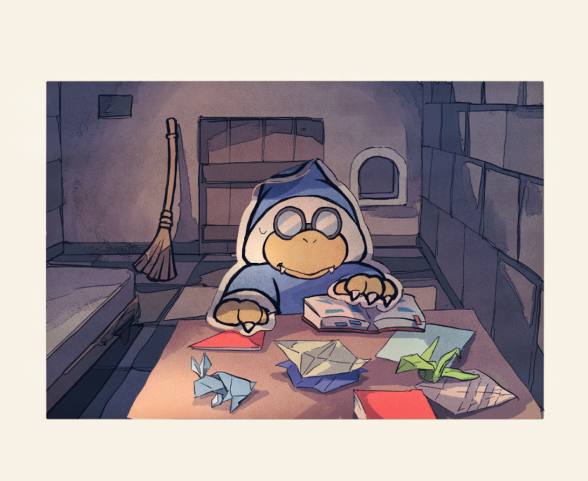 1boy, bed, blue_headwear, blue_robe, book, bookmark, border, broom