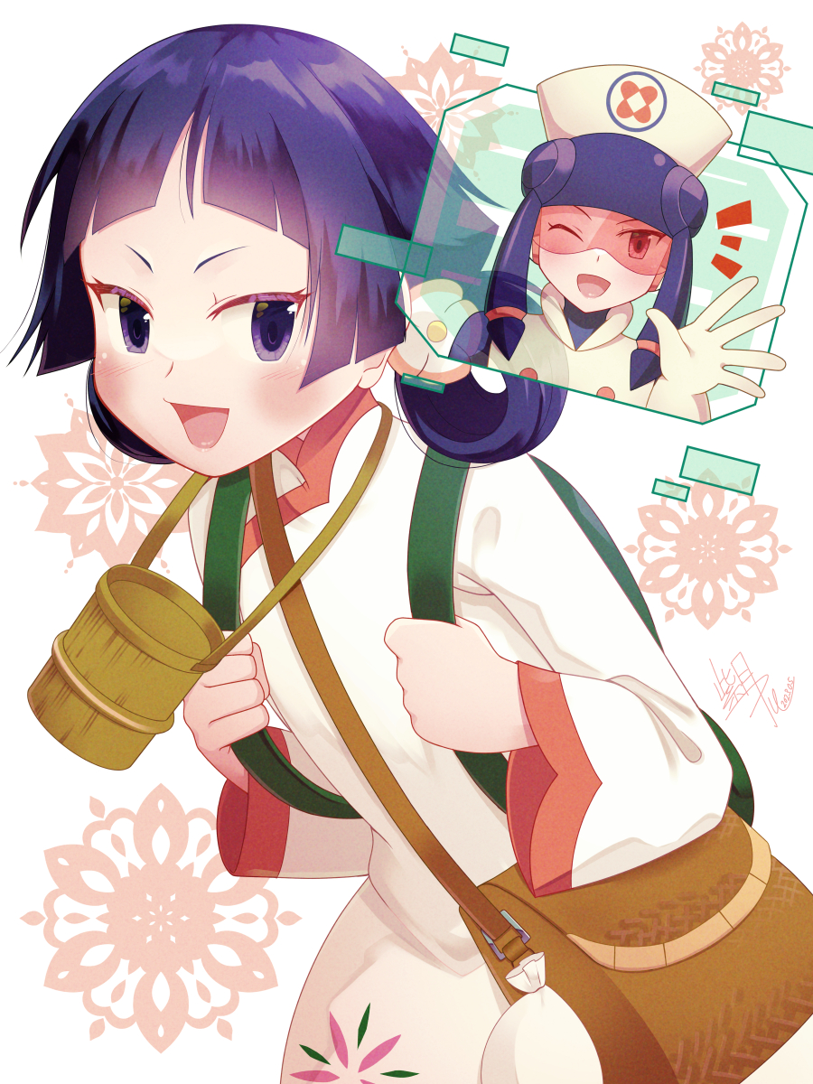 2girls, :d, ;d, arched_bangs, bag, blunt_bangs, dress, hat, highres, jasmine_(mega_man), long_sleeves, meddy.exe_(mega_man), mega_man_(series), mega_man_battle_network_(series), mega_man_battle_network_5, multiple_girls, nurse_cap, one_eye_closed, open_mouth, purple_hair, shizuki_airu, short_hair, shoulder_bag, smile, violet_eyes, white_dress