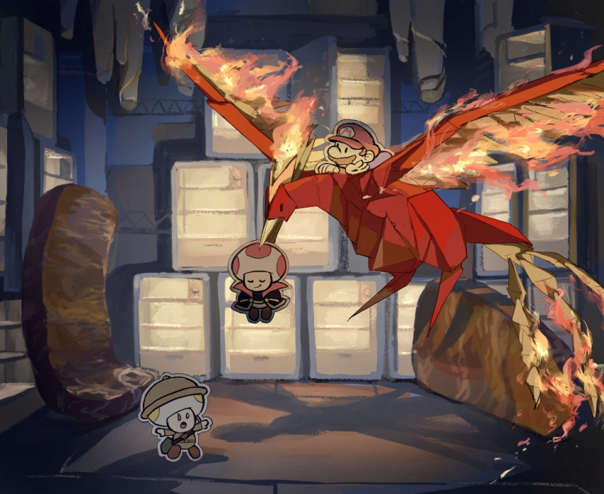 3boys, :o, bird, brown_hair, brown_headwear, brown_jacket, captain_t._ode, closed_eyes, closed_mouth, commentary_request, facial_hair, fiery_wings, fire, fire_vellumental, hat, jacket, looking_at_another, mario, multiple_boys, mustache, open_mouth, paper_mario, paper_mario:_the_origami_king, phoenix, professor_toad_(mario), red_headwear, red_toad_(mario), rfufvas3phbxkxa, short_hair, smile, smirk, solid_oval_eyes, super_mario_bros., surprised, toad_(mario), u_u, wings