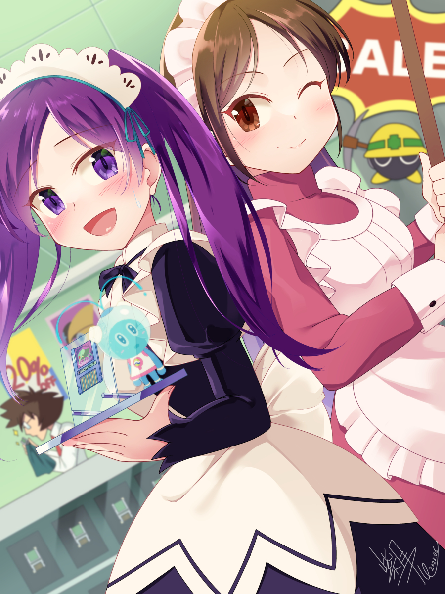 2boys, 2girls, :d, ;), apron, aquaman.exe, bass.exe_(mega_man), battle_chip