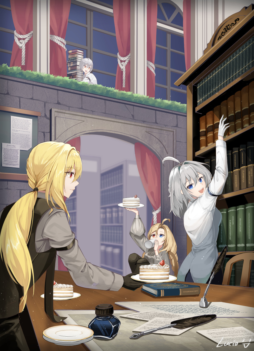 1boy, 3girls, absurdres, ahoge, arm_up, armband, blonde_hair, blue_eyes