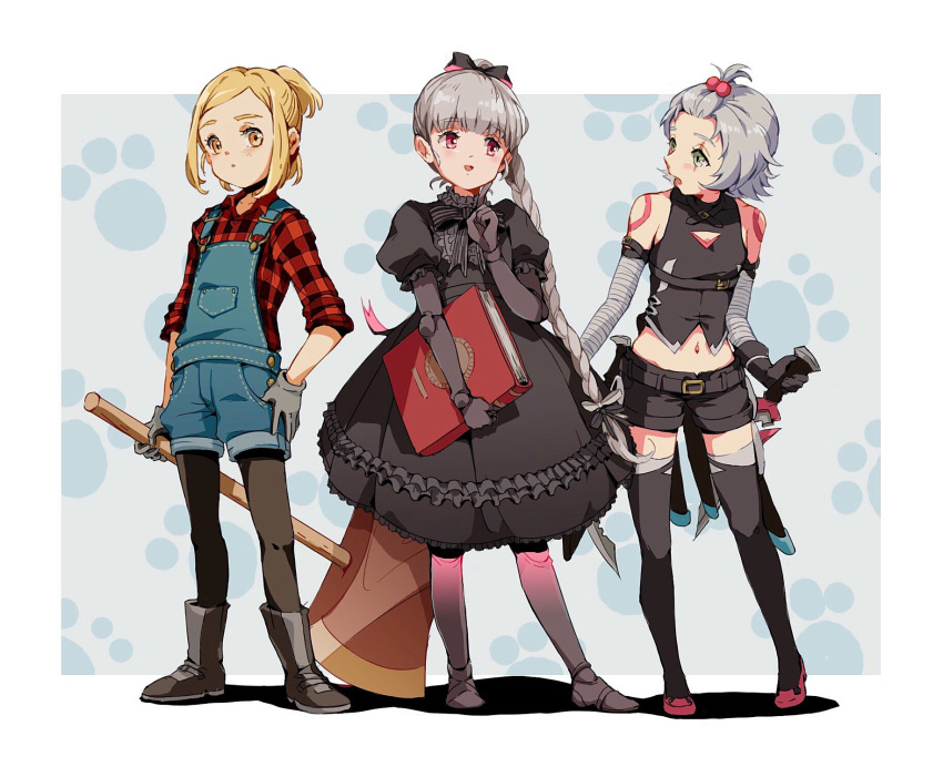 3girls, amidura, ankle_boots, arm_belt, axe, bandaged_arm, bandages, bangs_pinned_back, bare_shoulders, belt, black_belt, black_dress, black_footwear, black_gloves, black_pantyhose, black_ribbon, black_shirt, black_shorts, black_thighhighs, blonde_hair, blue_background, blue_overalls, book, boots, border, braid, braided_ponytail, child, dagger, doll_joints, dress, dual_wielding, fate/grand_order, fate_(series), frilled_dress, frills, full_body, gloves, green_eyes, grey_gloves, grey_hair, hair_bobbles, hair_ornament, hair_ribbon, hand_on_own_thigh, hand_up, high_ponytail, highres, holding, holding_axe, holding_book, holding_dagger, holding_knife, holding_weapon, index_finger_raised, jack_the_ripper_(fate/apocrypha), joints, knife, lolita_fashion, long_hair, looking_at_another, looking_at_viewer, looking_to_the_side, lumberjack, midriff, multiple_girls, navel, neck_ribbon, nursery_rhyme_(fate), open_mouth, outside_border, overall_shorts, overalls, pantyhose, paul_bunyan_(second_ascension)_(fate), paw_print, paw_print_background, pink_eyes, plaid, plaid_shirt, puffy_short_sleeves, puffy_sleeves, red_footwear, red_shirt, ribbon, scar, scar_across_eye, shadow, shirt, short_hair, short_sleeves, shorts, shoulder_tattoo, single_braid, sleeveless, sleeveless_shirt, sleeves_rolled_up, standing, striped, striped_ribbon, tattoo, thigh-highs, underbust, very_long_hair, weapon, white_border, yellow_eyes
