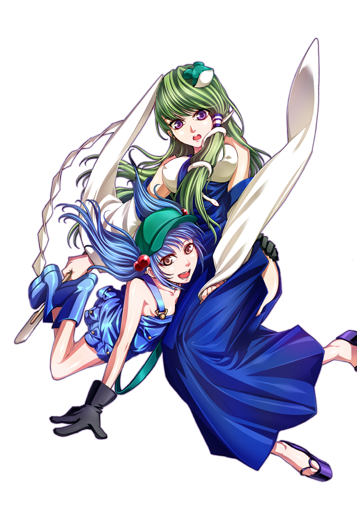 blue_hair, detached_sleeves, frog, gloves, green_hair, hair_bobbles, hair_ornament, hat