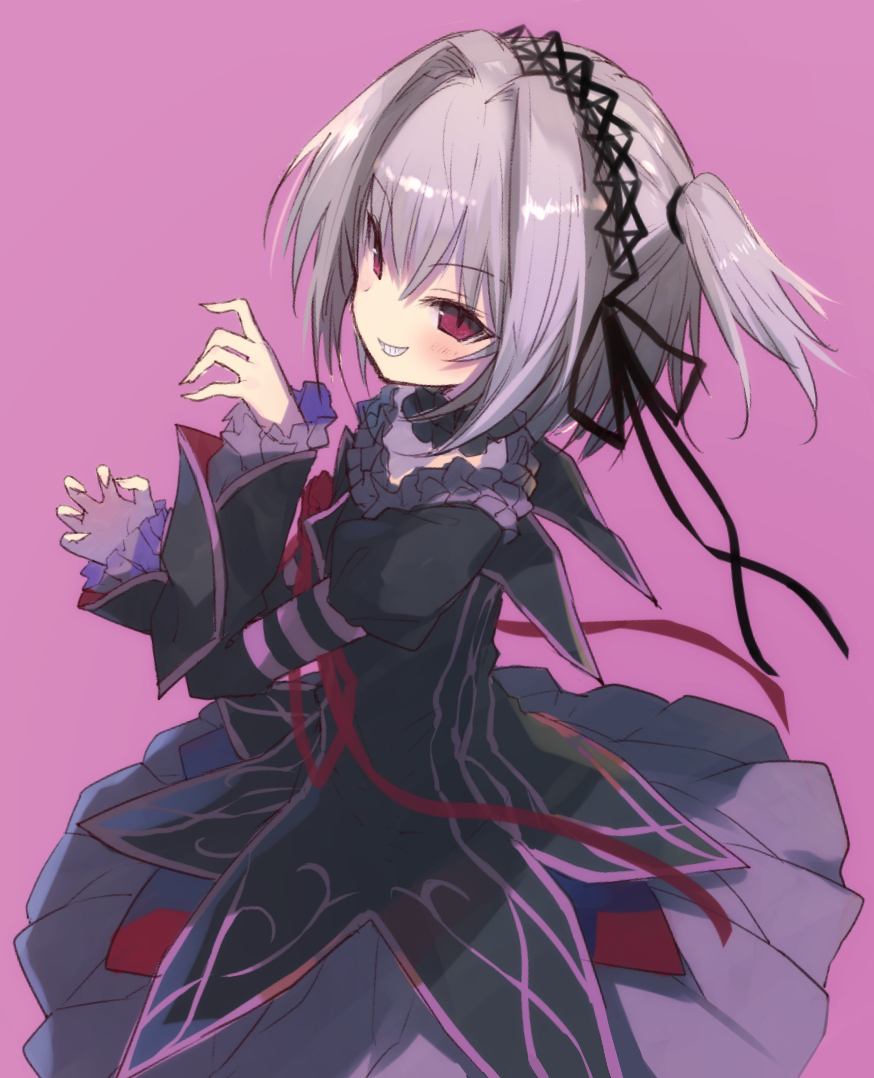 1girl, black_dress, black_hairband, black_ribbon, blush, choker, claw_pose, commentary