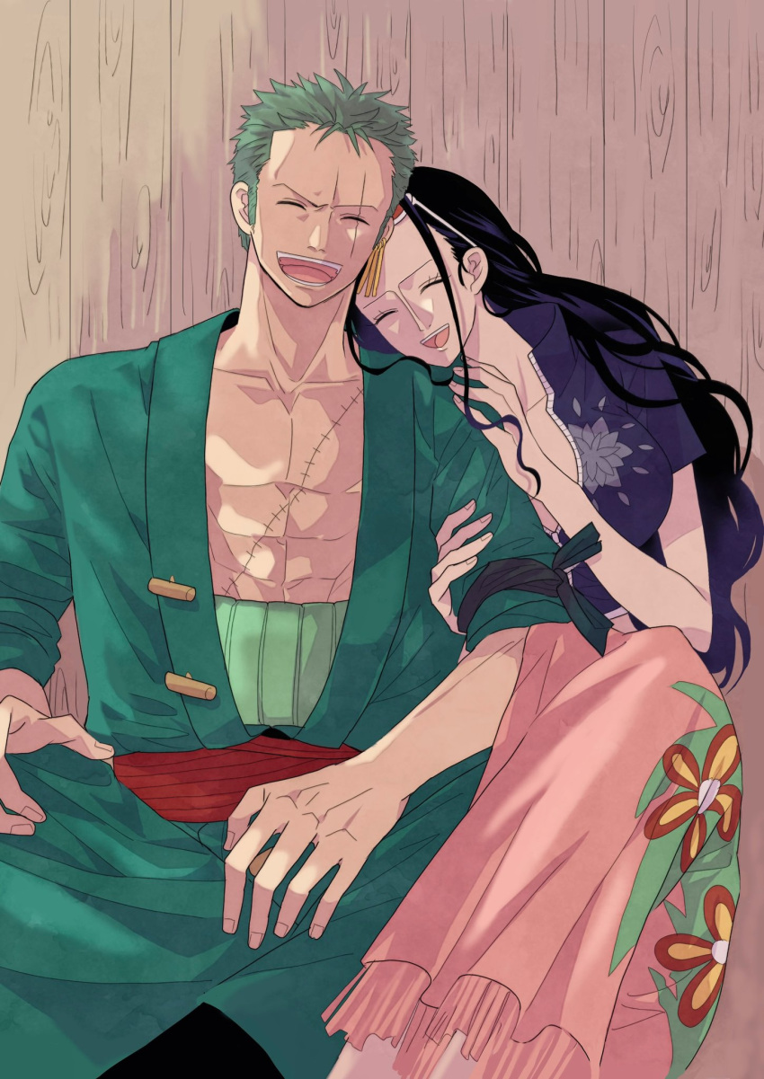 1boy, 1girl, abs, bandana_around_arm, black_hair, closed_eyes, commentary_request, earrings, eyewear_on_head, green_hair, highres, jewelry, long_hair, mayo_may63, nico_robin, one_piece, open_mouth, roronoa_zoro, scar, scar_across_eye, scar_on_chest, scar_on_face, short_hair, single_earring, smile, sunglasses