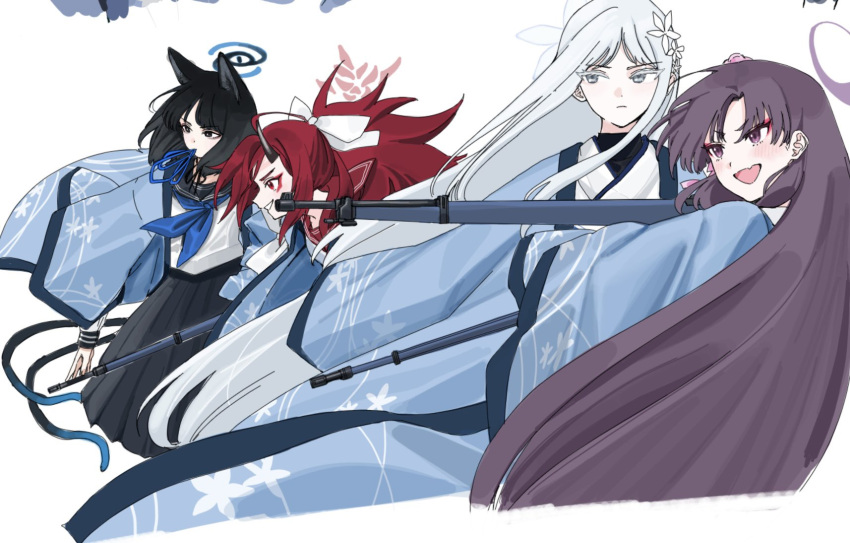 4girls, animal_ears, black_eyes, black_hair, black_skirt, blue_archive, blush, bow