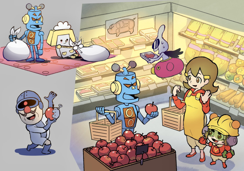 2girls, 4boys, 5-volt, 9-volt, :d, apple, apron, bag