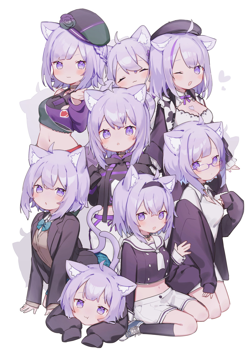 :3, absurdres, ahoge, animal_ear_fluff, animal_ears, arched_back, beret, black_choker, black_headwear, black_jacket, black_socks, black_sweater, blazer, blue_bow, blue_bowtie, blue_footwear, bow, bowtie, braid, brown_cardigan, buttons, cardigan, cat_ears, cat_girl, cat_tail, center_opening, choker, closed_eyes, cropped_shirt, double-breasted, hand_up, hat, headband, heart, highres, hololive, jacket, kneeling, light_blush, medium_hair, multiple_persona, navel, neckerchief, nekomata_okayu, nekomata_okayu_(3rd_costume), nekomata_okayu_(4th_costume), nekomata_okayu_(6th_costume), nekomata_okayu_(poisonya_syndrome), one_eye_closed, open_mouth, pants, purple_hair, purple_shirt, sailor_collar, school_uniform, serafuku, shiratakiseaice, shirt, shoes, shorts, simple_background, sitting, smile, sneakers, socks, sweatdrop, sweater, tail, violet_eyes, virtual_youtuber, wariza, white_background, white_neckerchief, white_pants, white_shorts