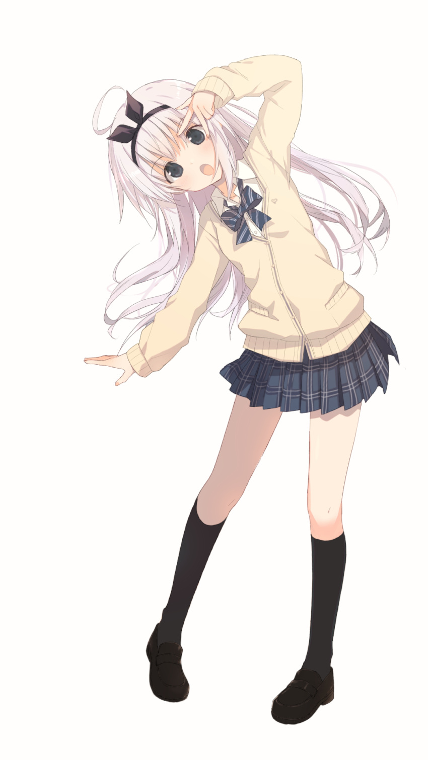 1girl, :o, ahoge, arm_at_side, black_eyes, black_footwear, black_ribbon, black_socks, blush, cardigan, collared_shirt, commentary, floating_hair, full_body, grey_hair, hair_ribbon, hand_up, highres, hikawa_ruriwo, kneehighs, leaning_to_the_side, loafers, long_hair, looking_at_viewer, miniskirt, nagesuteaka, open_mouth, plaid, plaid_skirt, pleated_skirt, ribbon, sakura_no_toki, school_uniform, shirt, shoes, simple_background, skirt, sleeves_past_wrists, socks, solo, standing, v, v_over_eye, very_long_hair, white_background, white_shirt, yellow_cardigan
