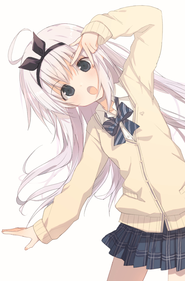 1girl, :o, ahoge, arm_at_side, black_eyes, black_ribbon, blush, cardigan