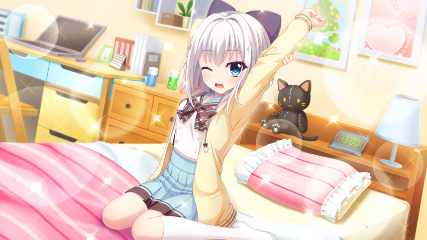 1girl, arms_up, bed, bedroom, black_bow, blue_eyes, book, bookend