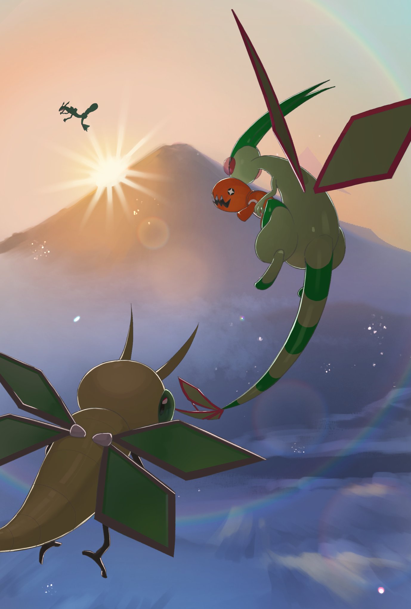 animal_focus, bug, colored_skin, commentary_request, fangs, floating, flygon, green_skin, highres, mountain, no_humans, orange_skin, pokemon, pokemon_(creature), pokemon_airy, rayquaza, skin_fangs, sun, tail, trapinch, vibrava, wings