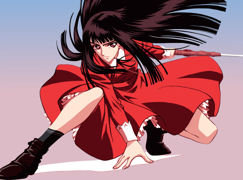 black_hair, dress, highres, kishuu_arashi, long_hair, red_dress, solo, sword