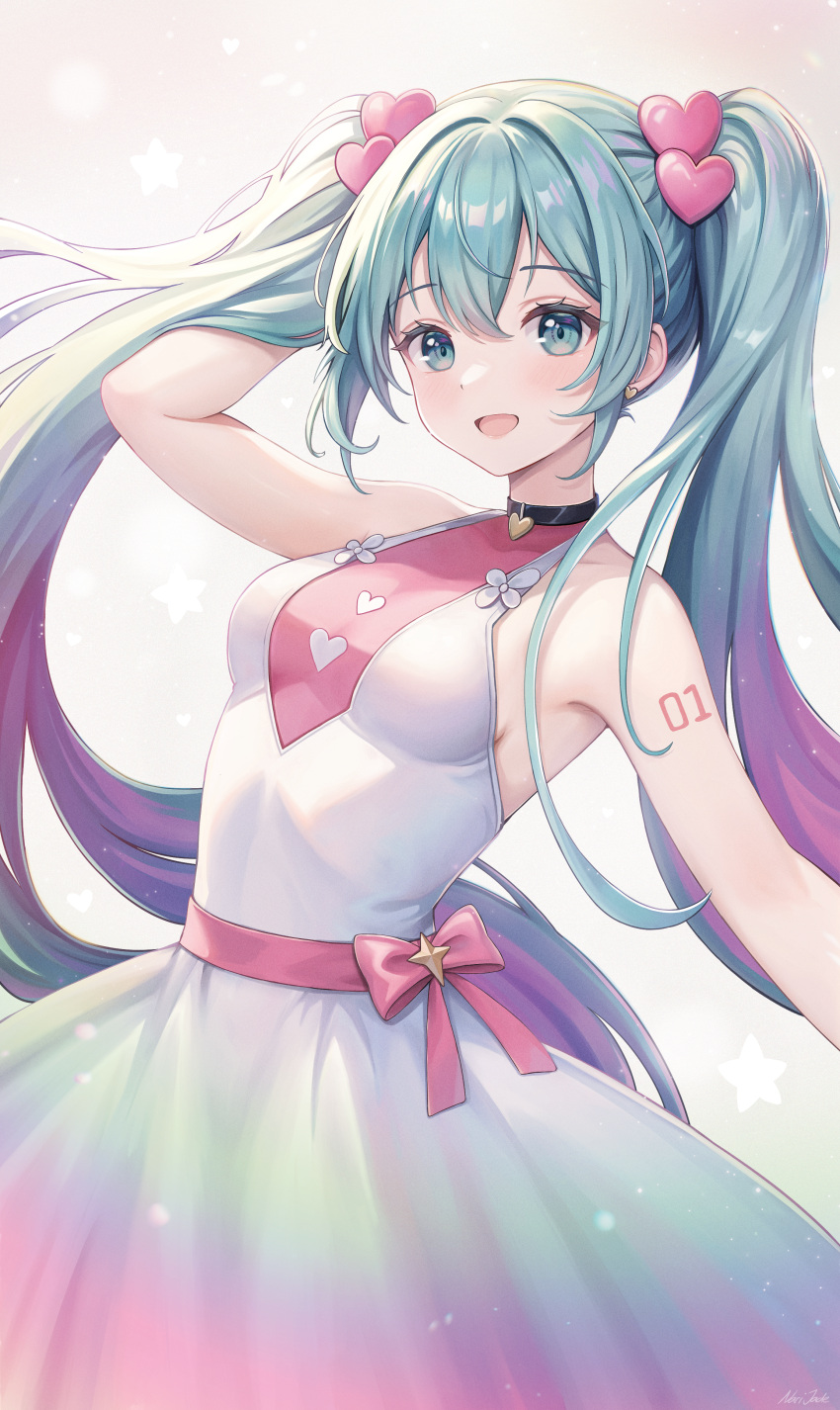 absurdres, aqua_hair, bow, choker, dress, hatsune_miku, highres, narijade