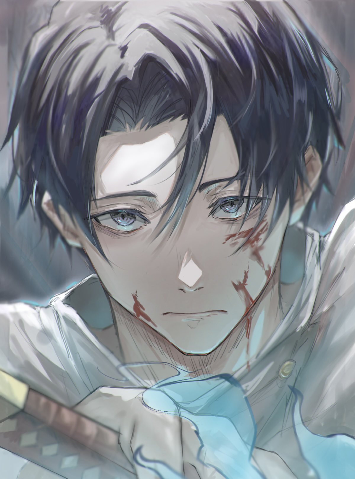 1boy, aura, black_eyes, black_hair, blood, blood_on_face, closed_mouth, hand_up
