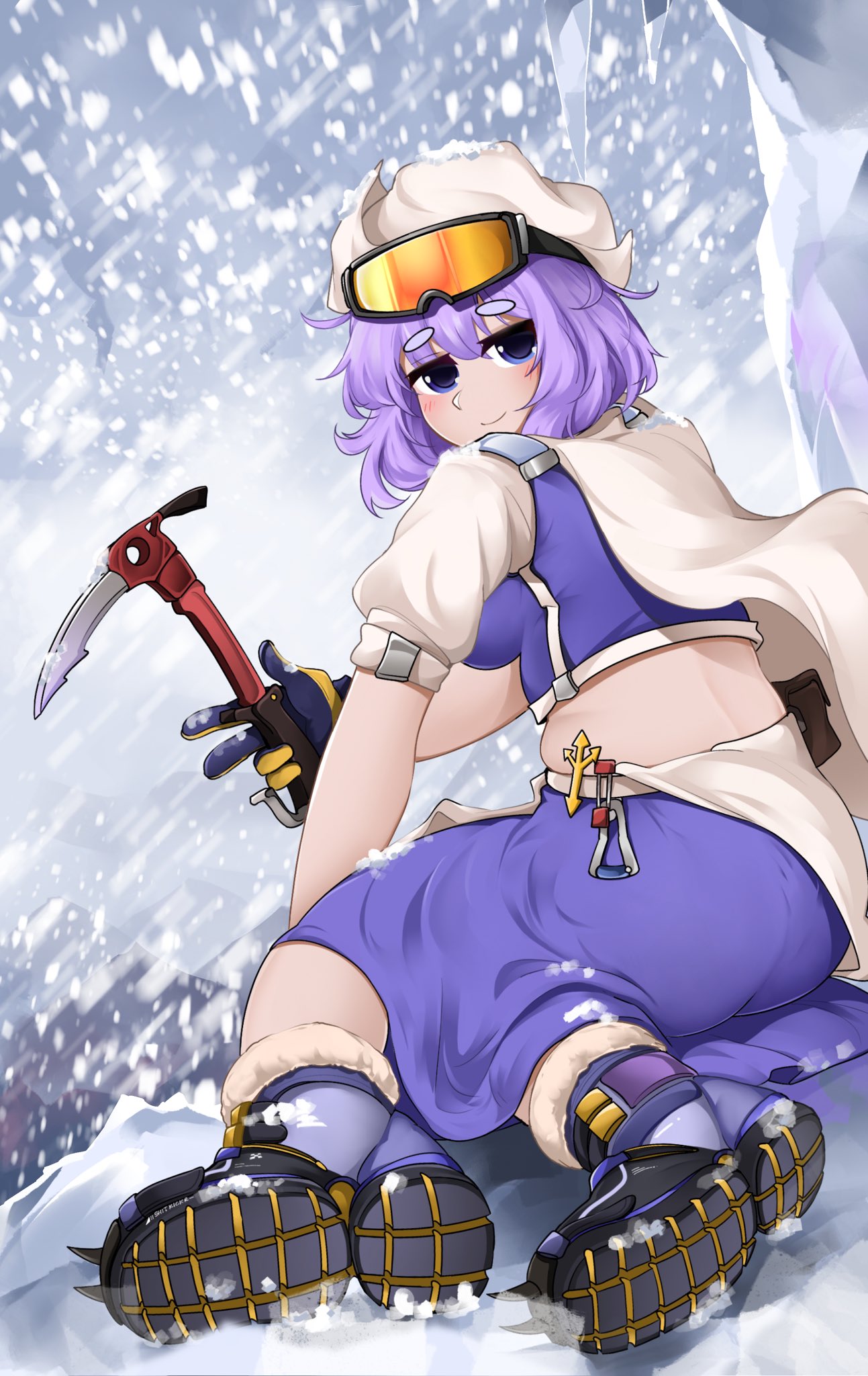 1girl, black_gloves, blue_footwear, boots, breasts, closed_mouth, commentary, english_commentary, gloves, goggles, goggles_on_head, highres, lapel_pin, large_breasts, letty_whiterock, looking_at_viewer, plump, purple_hair, short_eyebrows, short_hair, short_sleeves, smile, snow, snowing, solo, statisticstater, touhou, violet_eyes, white_headwear