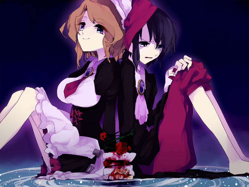 blood, brown_hair, flower, holding_hands, kanon_(umineko), mapi, shannon, skirt, umineko_no_naku_koro_ni