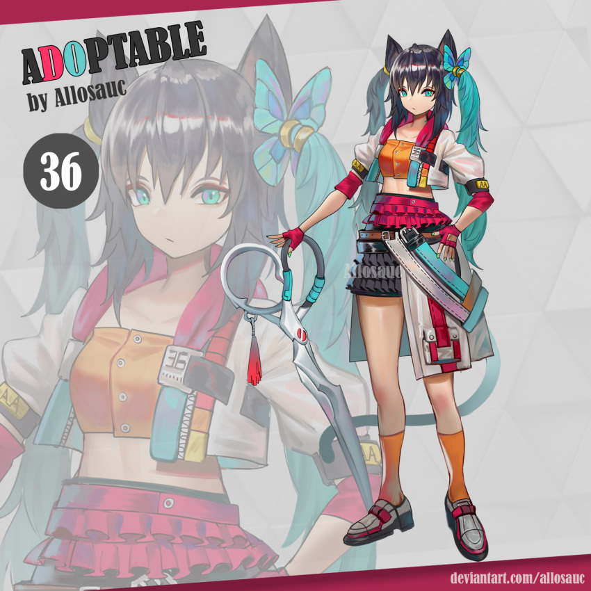 1girl, adoptable, allosauc, animal_ears, ankle_socks, aqua_eyes, artist_name, belt