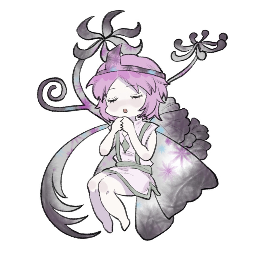 1other, androgynous, bare_arms, bare_legs, barefoot, black_flower, blush, closed_eyes