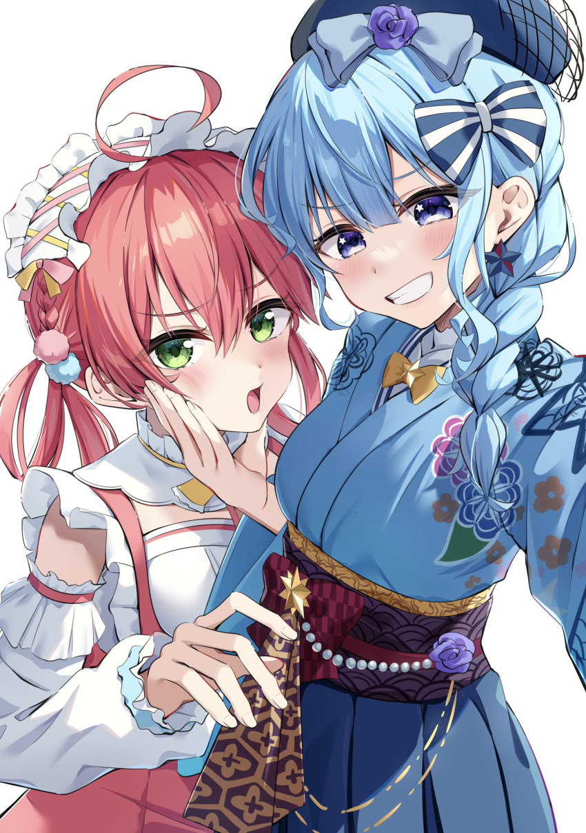 2girls, ahoge, beret, blue_bow, blue_eyes, blue_hair, blue_headwear, blue_kimono