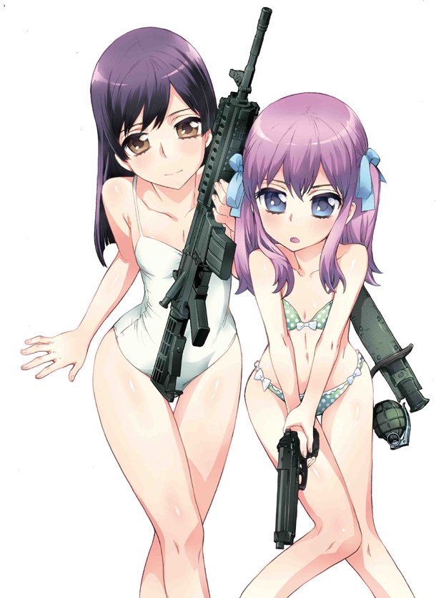 assault_rifle, beretta_92, bikini, blue_eyes, brown_eyes, casual_one-piece_swimsuit, explosive, flat_chest