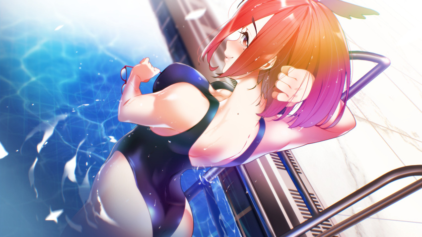 1girl, arm_behind_head, arm_up, ass, bare_shoulders, blunt_bangs, blush, bob_cut