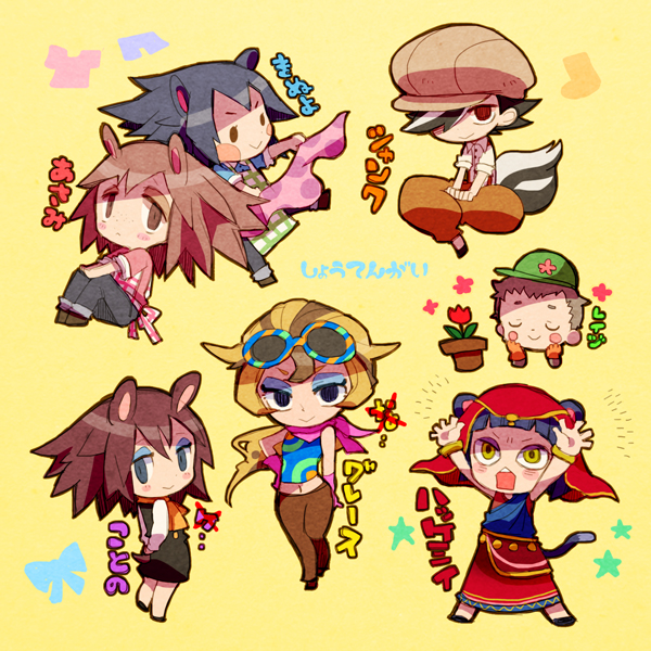 3boys, 4girls, 73_(naa), animal_crossing, apron, arms_up, black_dress, black_eyes