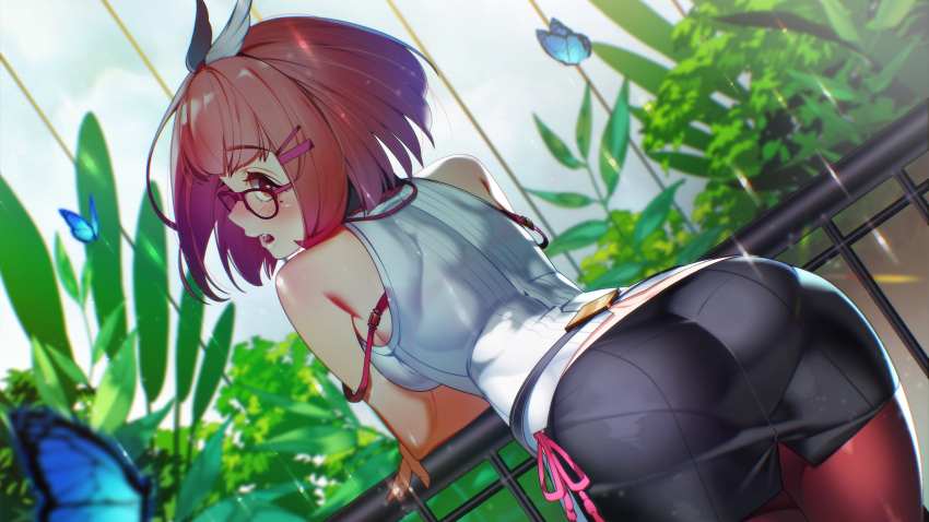 1girl, ass, back_slit, bare_shoulders, belt, black_belt, black_skirt, blunt_bangs