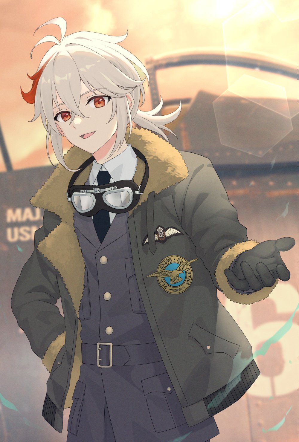 alternate_costume, black_coat, black_gloves, blanc1771, brown_jacket, coat, eyewear_around_neck, genshin_impact