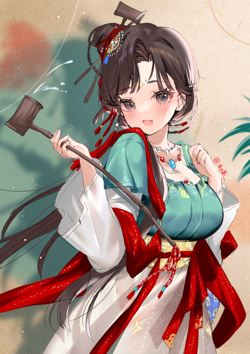 1girl, :d, absurdres, artist_name, black_eyes, black_hair, blush, breasts