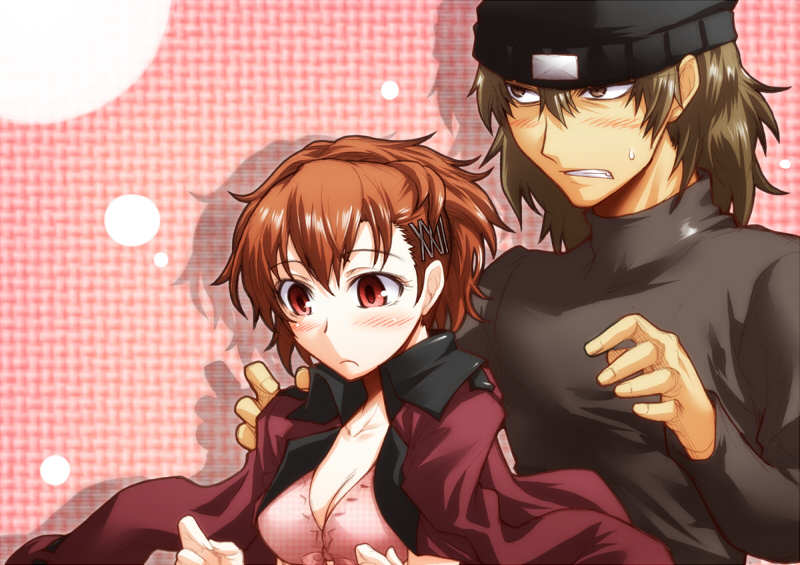 1girl, aragaki_shinjirou, beanie, bikini, blush, brown_eyes, brown_hair, couple