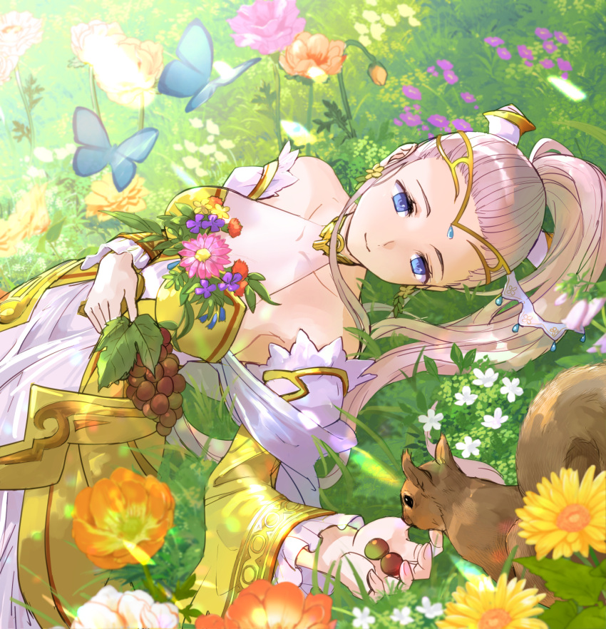 1girl, blue_eyes, bug, butterfly, commission, commissioner_upload, dress, eir_(fire_emblem)