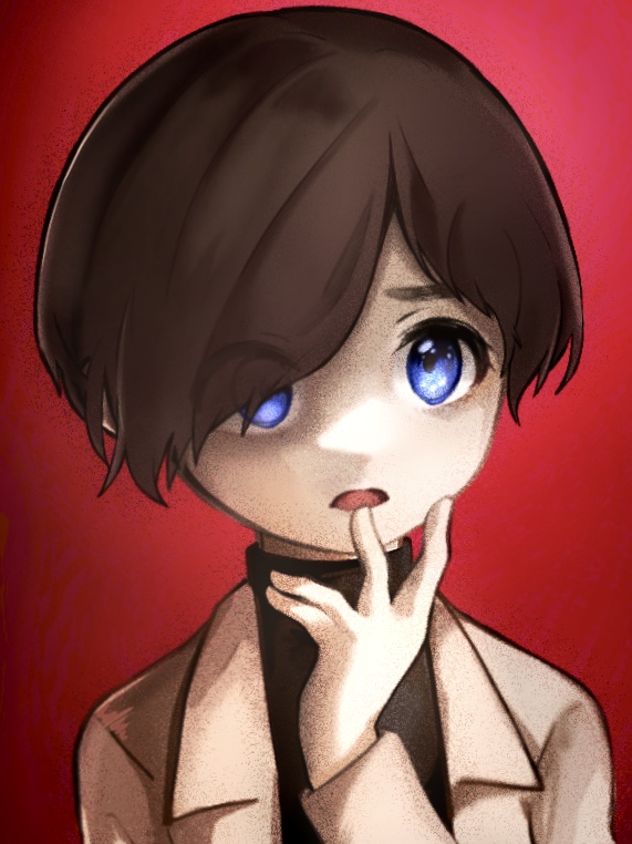 1boy, blue_eyes, brown_hair, chargeman_ken!, hair_over_one_eye, haruno_akichi, red_background, shirt