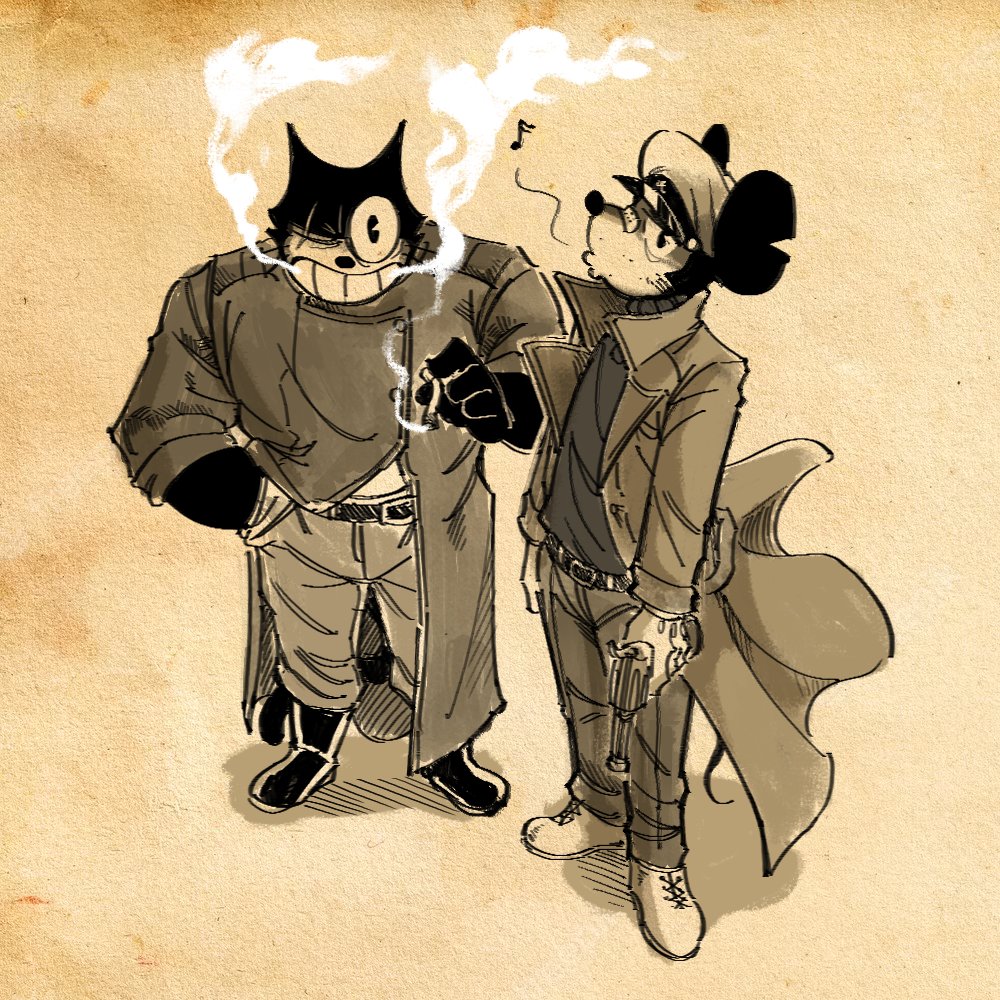 2boys, alternate_universe, cat_boy, cigarette, commentary, disney, english_commentary, felix_the_cat, felix_the_cat_(series), from_above, full_body, furry, furry_male, gun, hand_in_pocket, holding, holding_cigarette, holding_gun, holding_weapon, jinjango, long_coat, looking_at_viewer, mickey_mouse, mouse_boy, multiple_boys, pants, paper_background, revolver, scar, scar_across_eye, sepia, shoes, smoking, standing, steamboat_willie, weapon, whistling