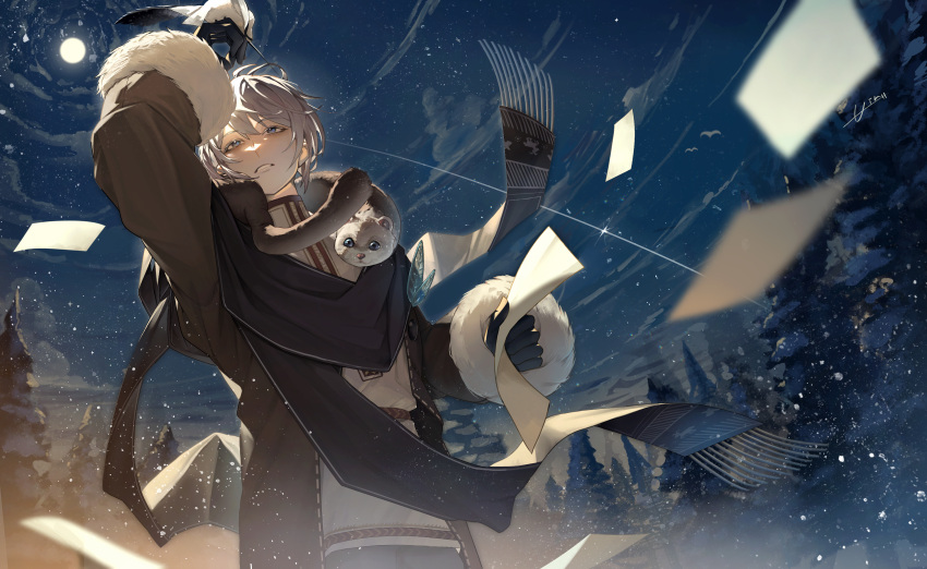 1boy, absurdres, air_(ai_r_), animal_around_neck, arm_up, artist_name, backlighting, bird
