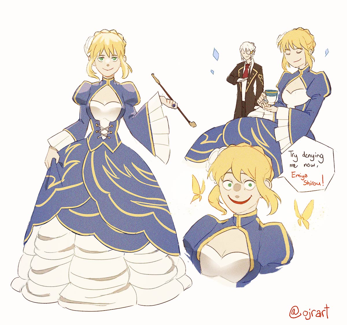 1boy, 1girl, adapted_costume, artoria_pendragon_(fate), beatrice_(umineko), beatrice_(umineko)_(cosplay), black_coat, blonde_hair