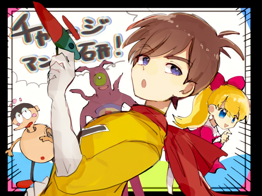 1boy, 1girl, blonde_hair, blue_eyes, brown_hair, chargeman_ken!, dress, gloves