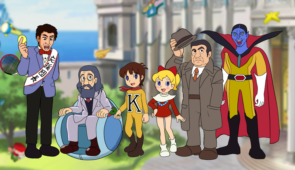 blonde_hair, blue_eyes, bodysuit, brown_hair, chargeman_ken!, derivative_work, doctor_volga, doraemon