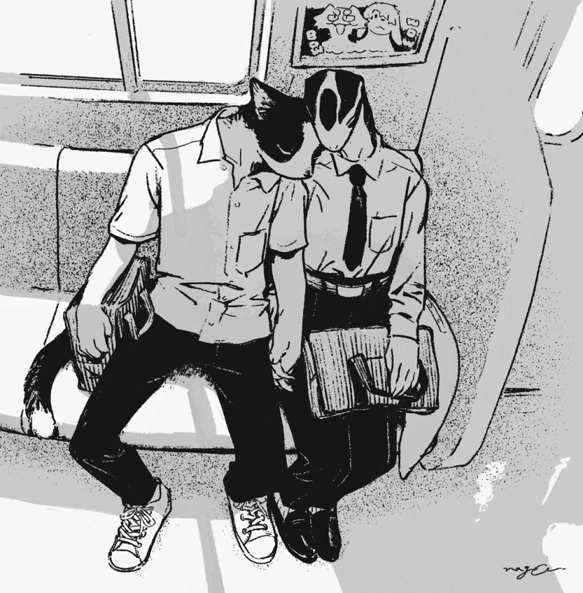 4boys, animal_ears, aoi_(monotone_blue), bag, black_footwear, black_pants, cameo, cat_boy