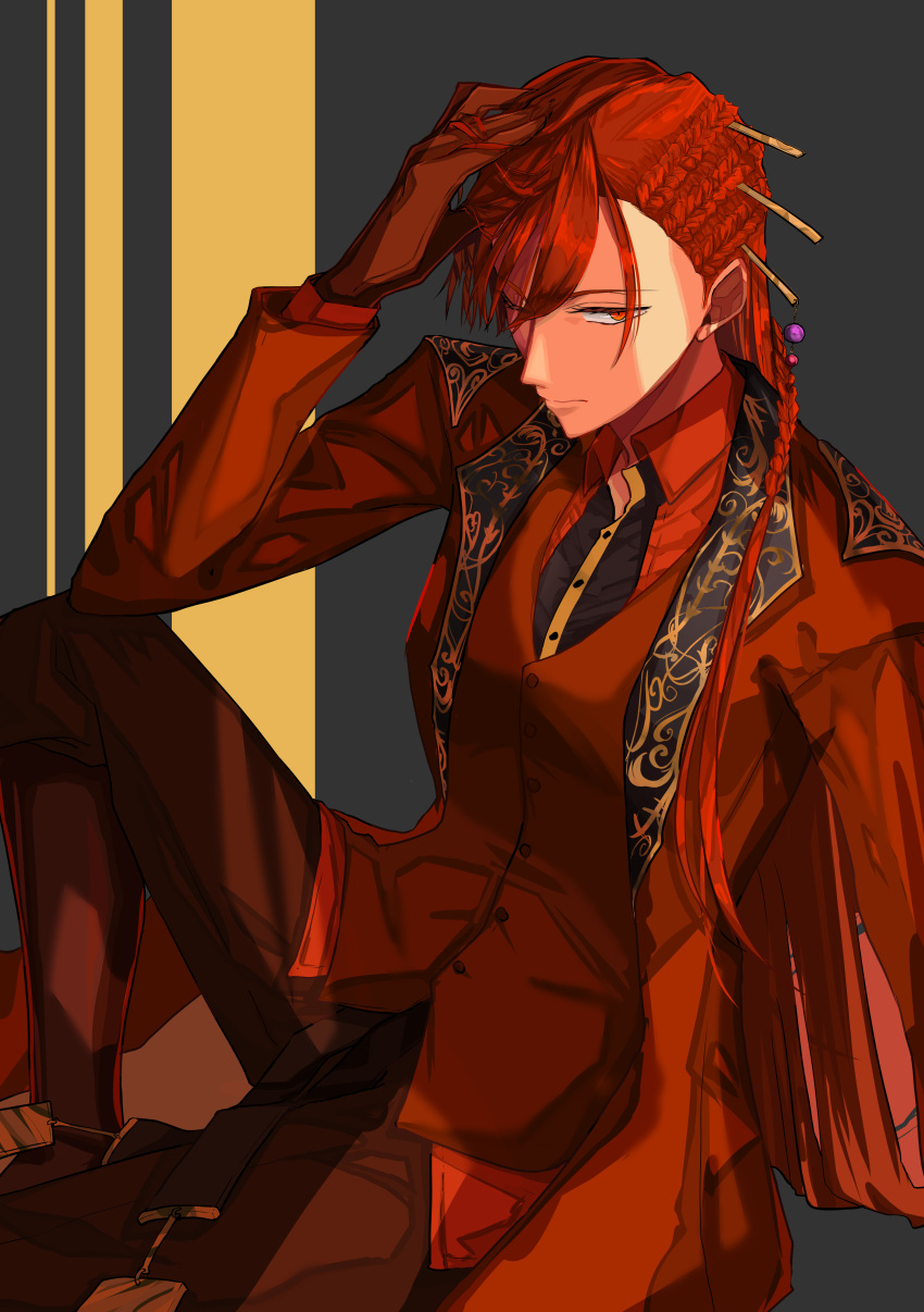1girl, absurdres, alternate_costume, black_background, braid, crown_braid, expressionless, formal