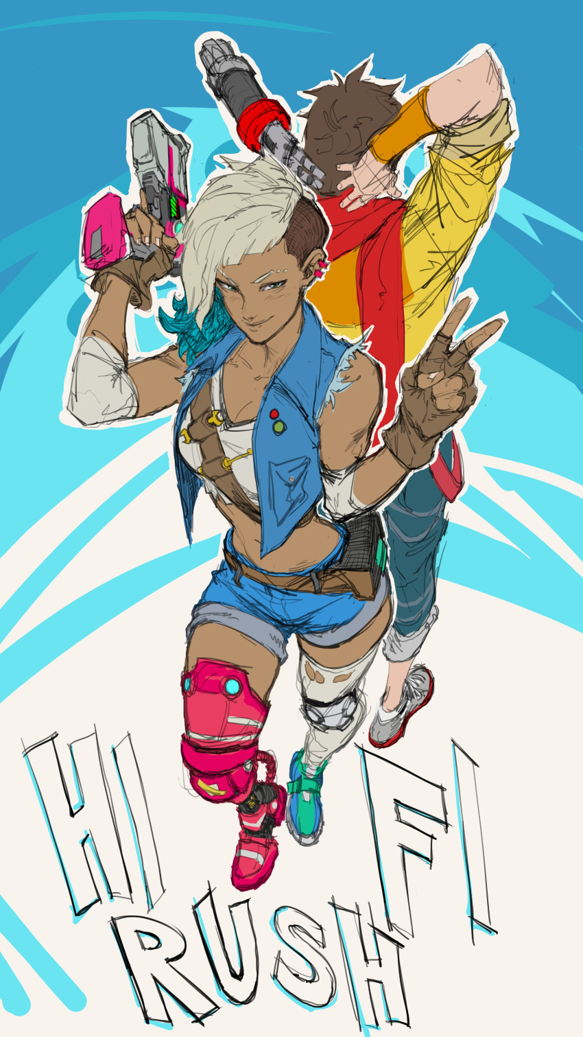 absurdres, chai_(hi-fi_rush), dark-skinned_female, dark_skin, denim, denim_jacket, gun, hi-fi_rush, highres, holding, holding_gun, holding_weapon, jacket, mechanical_arms, multicolored_hair, peppermint_(hi-fi_rush), prosthesis, prosthetic_arm, prosthetic_leg, sbjorka, single_mechanical_arm, weapon