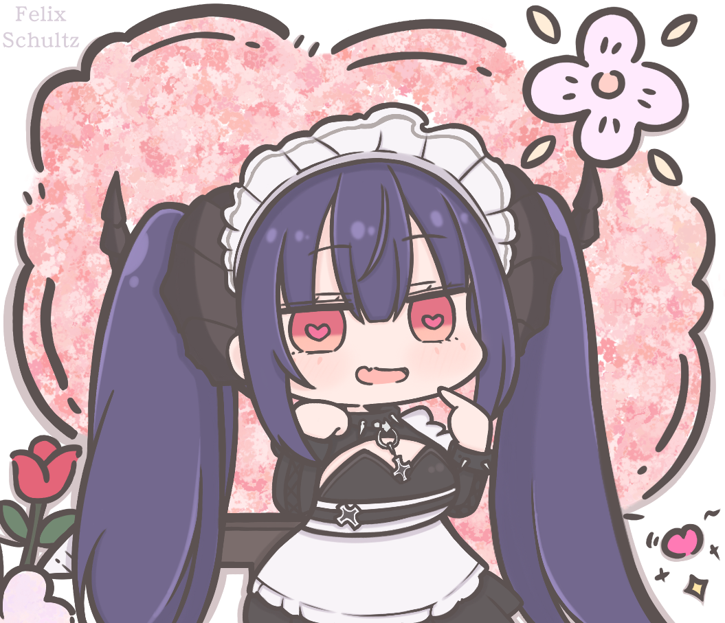1girl, apron, azur_lane, black_dress, black_horns, bracelet, character_name, collar, commentary, cross, dress, felix_schultz_(azur_lane), felix_schultz_(sweet_sleepy_"revenge")_(azur_lane), flower, futaba_(anti_clockwise), hair_between_eyes, heart, heart-shaped_pupils, horns, iron_cross, jewelry, long_hair, maid, maid_headdress, official_alternate_costume, open_mouth, purple_hair, red_eyes, spiked_bracelet, spiked_collar, spikes, symbol-only_commentary, symbol-shaped_pupils, twintails, very_long_hair, white_apron