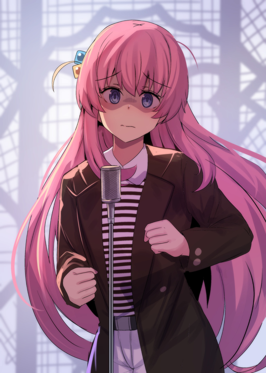 1girl, absurdres, alternate_costume, belt, black_belt, blue_eyes, bocchi_the_rock!, brown_jacket