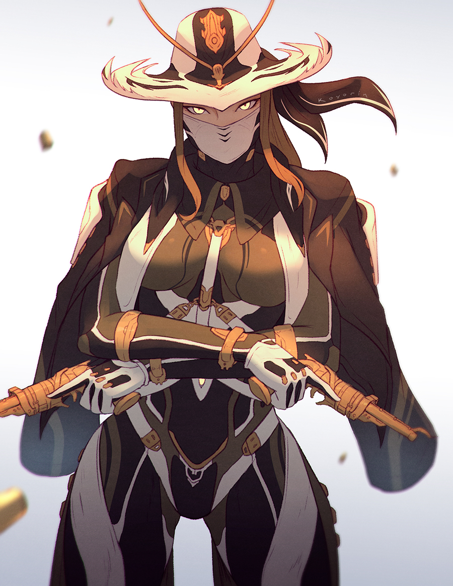 1girl, breasts, collared_shirt, cowboy_shot, dual_wielding, fedora, gloves, gun, handgun, hat, holding, humanization, jacket, koyorin, looking_at_viewer, mask, medium_breasts, medium_hair, mesa_(warframe), mesa_prime_(warframe), mouth_mask, power_suit, shell_casing, shirt, simple_background, warframe, weapon, white_background, yellow_eyes