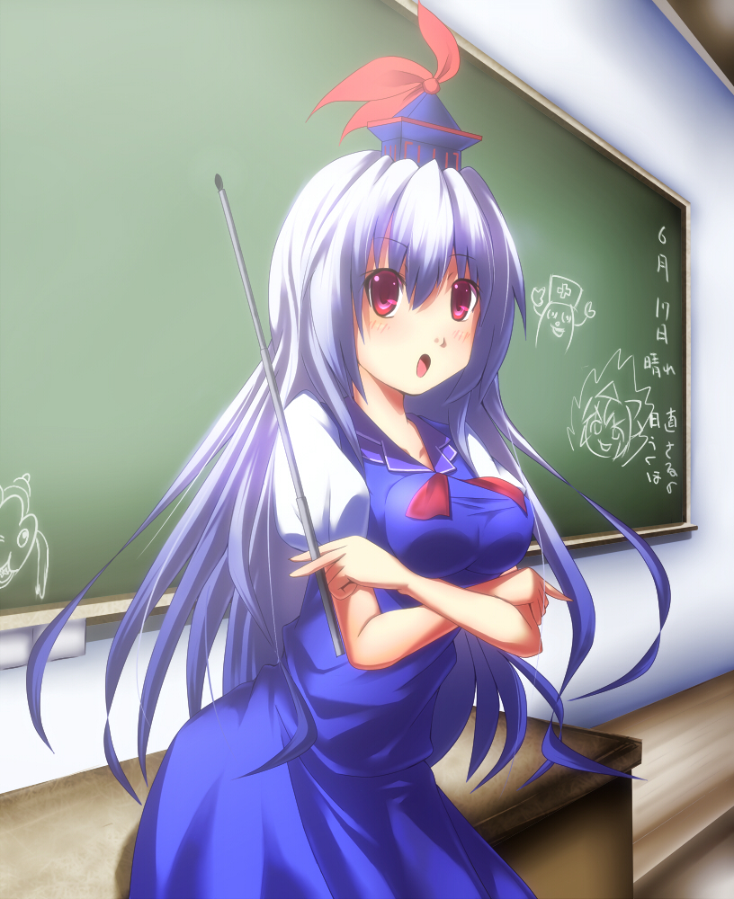 :o, blush, breast_lift, chalkboard, crossed_arms, gradient_hair, hat, kamishirasawa_keine