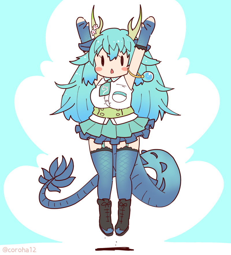 1girl, animal_ears, black_eyes, blue_background, blue_dragon_(kemono_friends), blue_hair, boots, coroha