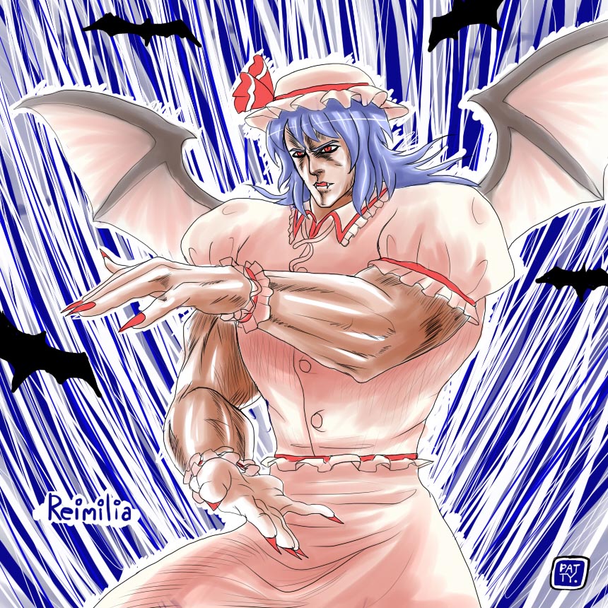 fangs, hara_tetsuo_(style), hokuto_no_ken, muscle, parody, patty_(artist), rei_(hokuto_no_ken), remilia_scarlet, style_parody, touhou, wings