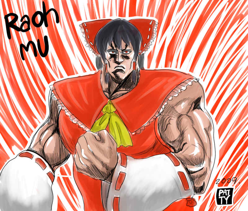 black_hair, bow, detached_sleeves, hair_bow, hakurei_reimu, hara_tetsuo_(style), hokuto_no_ken, muscle