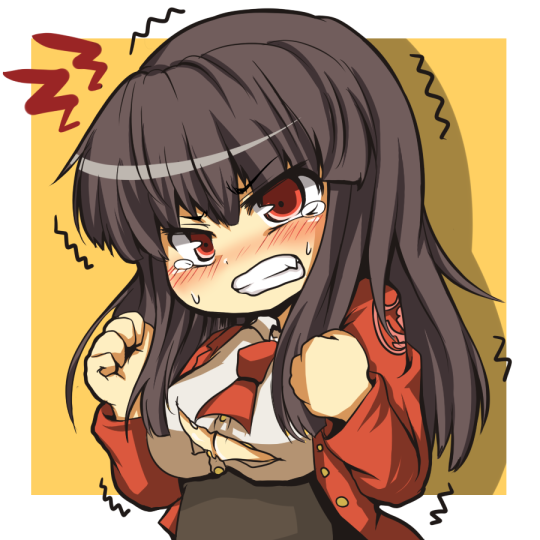 black_hair, blush, chibi, clenched_hands, clenched_teeth, fist, jacket, lucifer