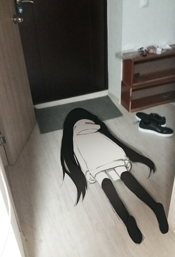 1girl, black_hair, black_thighhighs, commentary, english_commentary, full_body, grey_hoodie, hood